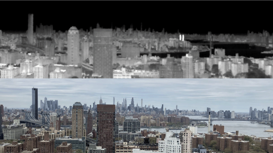 One color and one black and white view of New York City's skyline
