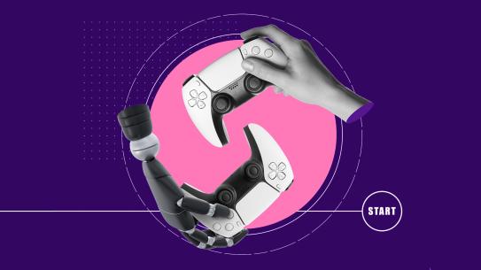 One human hand and one robot hand holding identical video game controllers