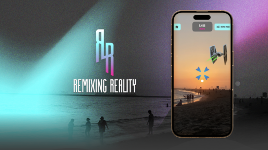 remixing reality logo with a mobile phone depictng a sci-fi scene