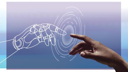 Illustration of a robotic hand touching a human hand