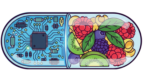 a capsule illustration half circuits and half fruits