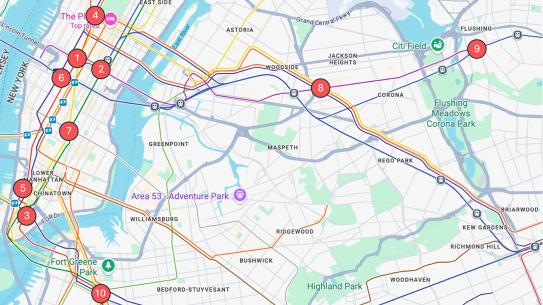a map of NYC with subway stations mentioned in the caption indicated by numbers