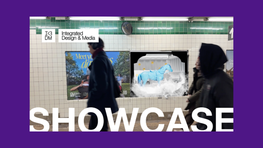 Blurry figures walk past wall art in a subway station. The IDM logo, "I <3 DM", and "Integrated Design & Media Showcase" are overlaid onto the image in white.