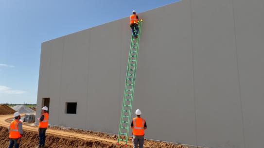Four construction workers on a construction sight. In the middle is a construction worker climbing up a ladder to reach the roof of the building. The ladder is being hightlighted with a green status outline. 