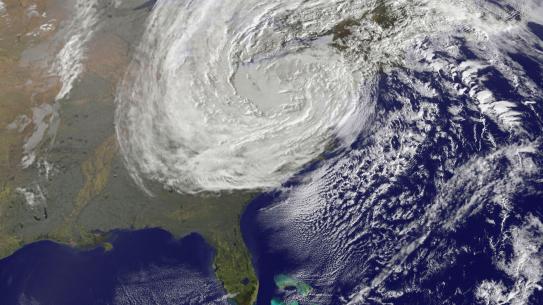 NASA satellite image showing Hurricane Sandy off the East Coast of the United States.