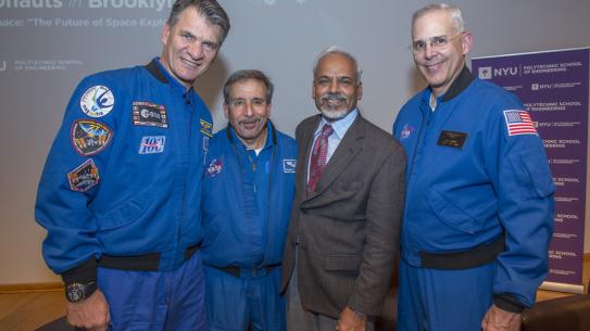 Paolo Nespoli (left), pictured here in 2014 with Dean Katepalli Sreenivasan and fellow astronauts Charles Camarda and Lee Morin