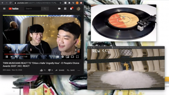 still shot from video showing turntable and people reacting to a music video