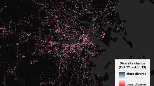 Map of the Boston/Cambridge area with blue and red dots representing diversity