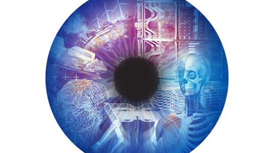 Illustration of an eye that contains a robot, quantum computer, skeleton and wind turbines