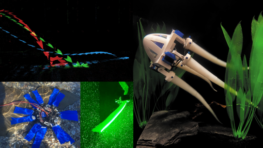 Collage image of different colorful robots under water