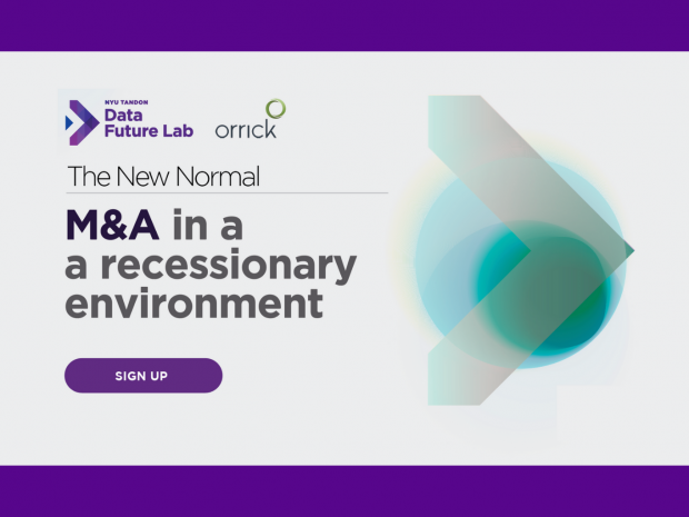 Grey banner with green arrow logo and text displaying The New Normal M&A in a recessionary environment