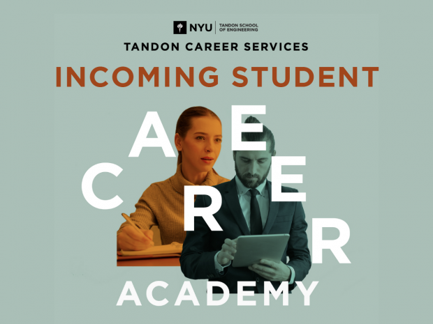 Two young professions overlaid with text reading "Incoming Student Career Academy."