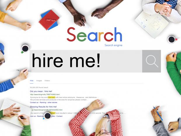 A website search bar with the words "hire me!" in it