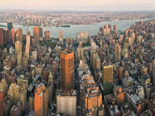 New York City skyline from above at sunset