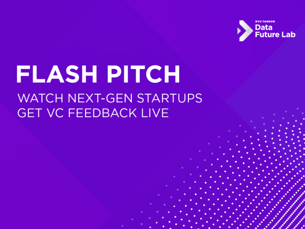 Purple banner that says Data Future Lab Flash Pitch Watch Next-Gen Startups Get VC Feedback Live