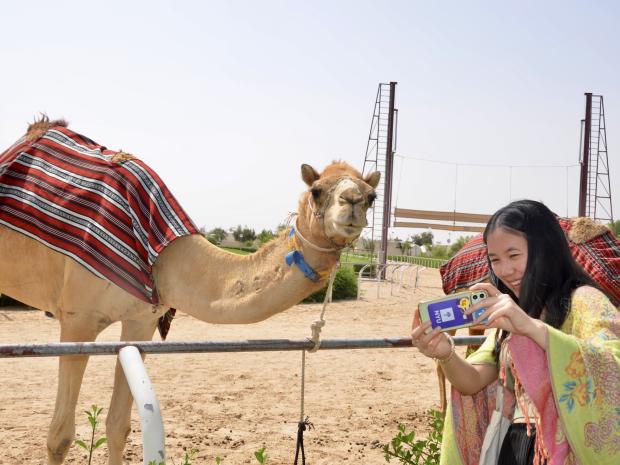 a student takes a selfie with a camel