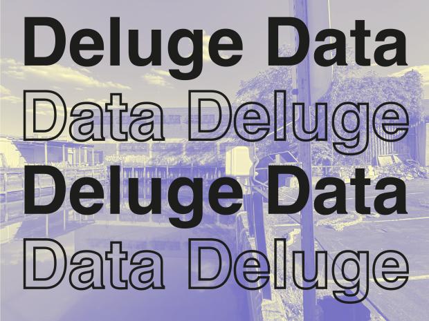 Logo for the Delgue Data Data Deluge Symposium which has the text over a photo of a canal in Brooklyn. 