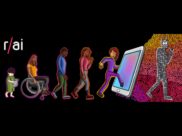 illustration of diverse group of people walking in line through large ipad evolving into robot