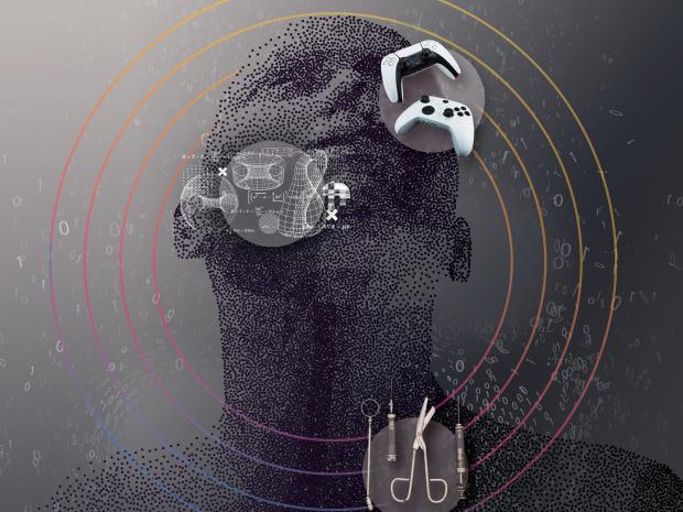 digital illustration of head with instruments and diagrams superimposed