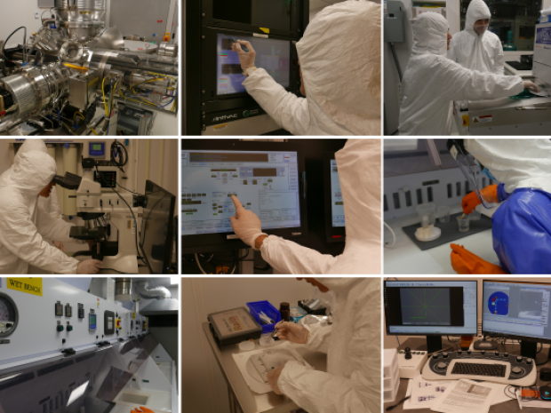 Collage of images of people and equipment in the nanofab cleanroom