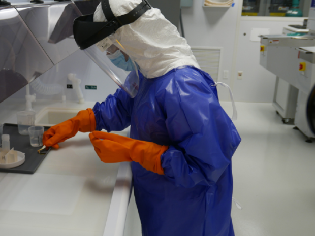 Person in cleanroom holding silicon chip in tweezers