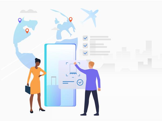illustration graphic of people, cell phone, globe, and an airplane