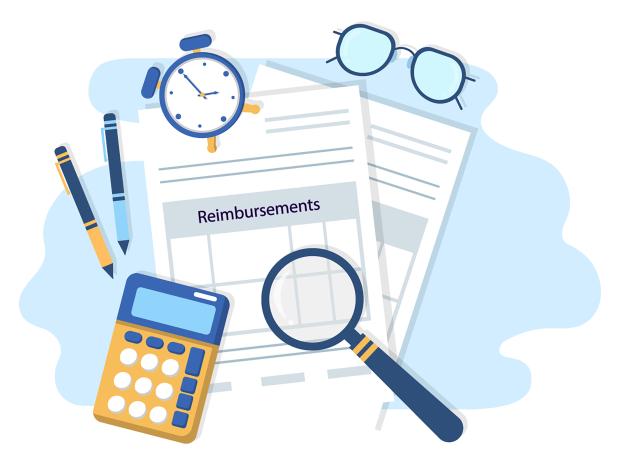illustration graphic of documents, glasses, clock, calculator and pens