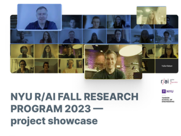 NYU R/AI Fall Research Showcase 2023 with several images of Zoom presenters