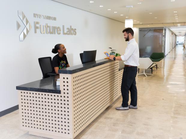 bright reception desk at NYU Tandon Future labs
