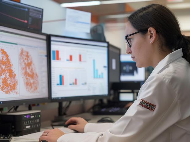a student looking at graphs and cells on the computer