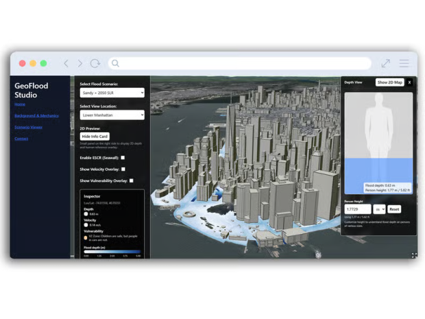GeoFlood Studio website showing an interactive flood simulation of New York City