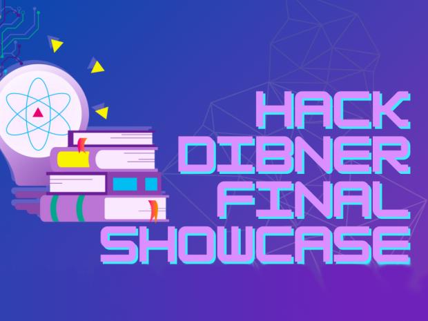 Graphic with a stack of books and a lightbulb, that reads "Hack Dibner Final Showcase"
