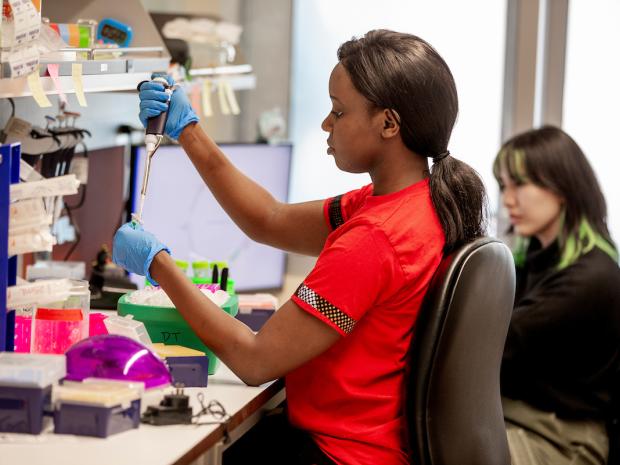 a student wearing gloves positions a syringe in a tube