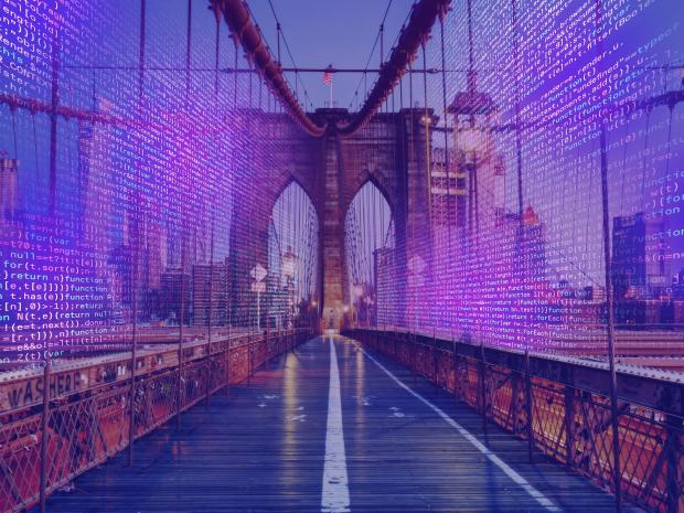 Brooklyn Bridge with purple code