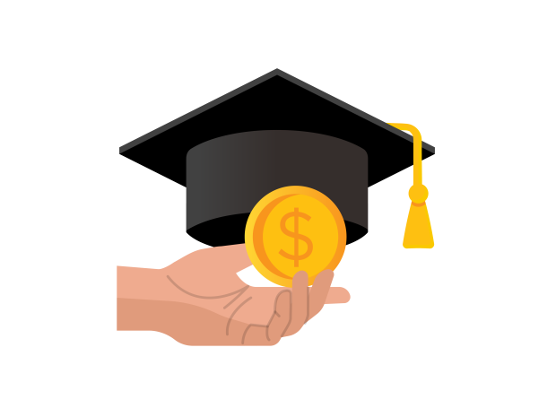 illustration of a hand holding a coin in front of graduation cap