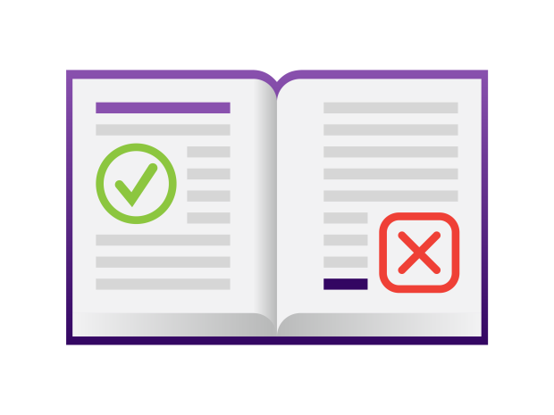 Illustration of a book with green check mark and red x