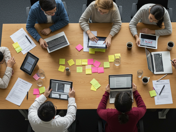 bird's eye view of group of students working at table with tablets, laptops and stick notes