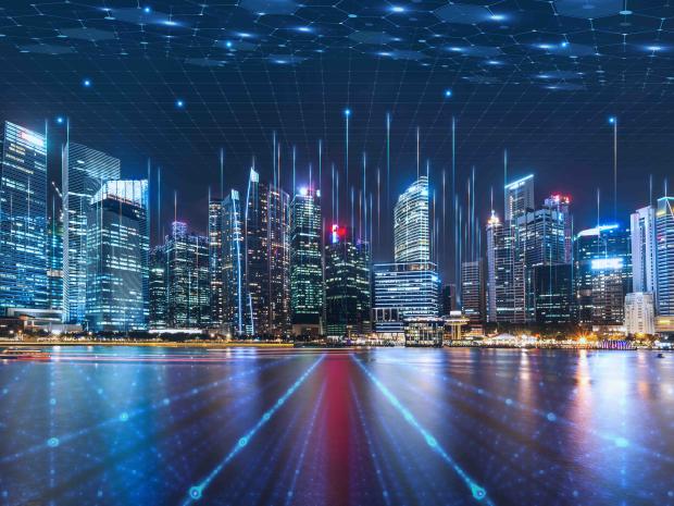 Smart city dot point connect with gradient grid line, connection technology metaverse concept. Night city banner with big data.