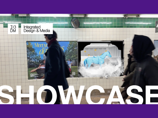 Blurry figures walk past wall art in a subway station. The IDM logo, "I <3 DM", and "Integrated Design & Media Showcase" are overlaid onto the image in white.