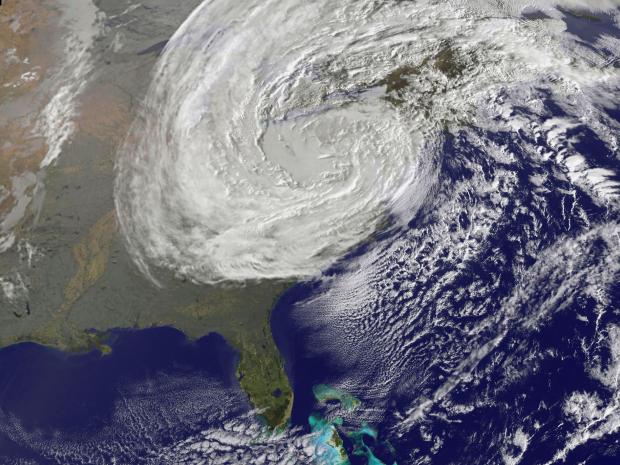 NASA satellite image showing Hurricane Sandy off the East Coast of the United States.