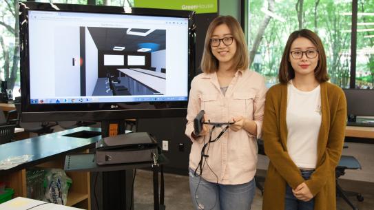 Celin Chen and Tracy Chen, doctoral candidates in Civil Urban Engineering Department at NYU Tandon, with their project "Neuroscience in Architecture."