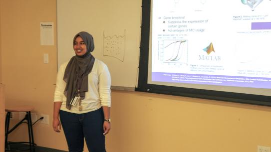 An ARISE student presents her genetics research, done this summer with help from NYU Tandon Chemical and Molecular Engineering Professor Rastislav Levicky.