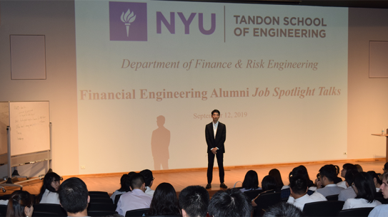 Chao Lian, of Nomura, hosting his job spotlight talk for FRE students