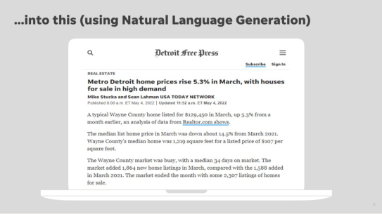 A laptop with an article from the Detroit Free Press titled "Metro Detroit home prices rise 5.3% in March, with houses for sale in high demand"