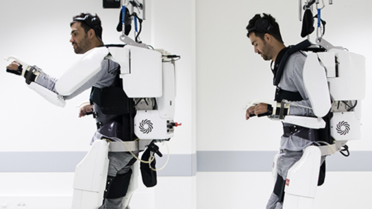 Image of a man in a robotic assisting unit