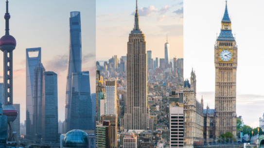 three slices of city skyline: Shanghai, NYC, and London