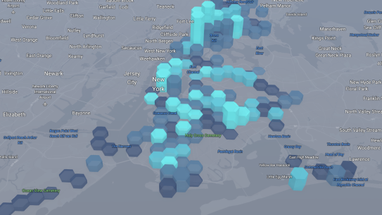 Map of New York City overlaid with an analysis of train station accessibility. Areas with lighter shades of blue depict a higher level of inaccessibility.