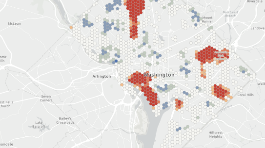 Map of Washington D.C. overlaid with an analysis evaluating park accessibility.