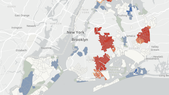 Hot spot analysis of New York City showing differences in public transportation accessibility across underserved areas. Staten Island is consistently identified as a cold spot (blue), indicating significantly lower public transportation density even within these underserved regions. Conversely, most of the remaining parts are identified as hot spots (red), representing areas with a high density of public transportation.