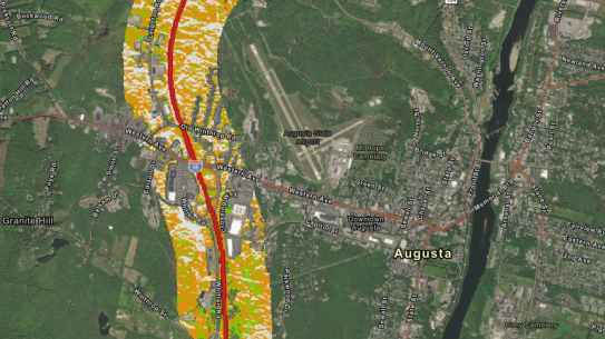 Aerial view of a section of the I-95 corridor in Maine showing areas for potential installation of solar arrays